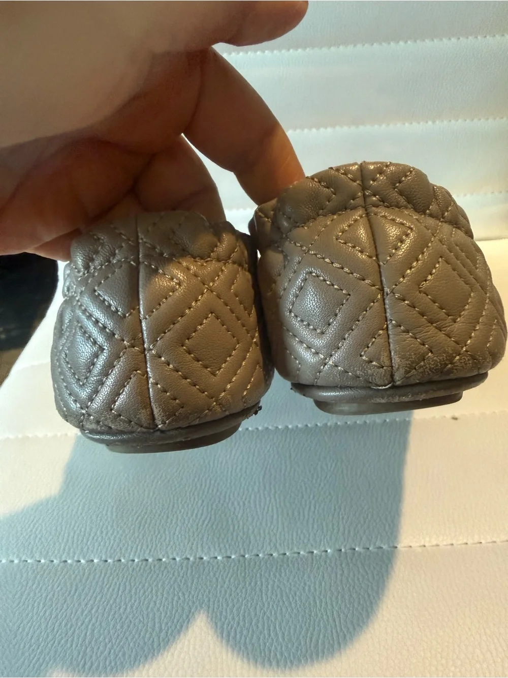 Tory Burch Quilted Taupe Leather Ballet Flats with Gold Logo Medallion